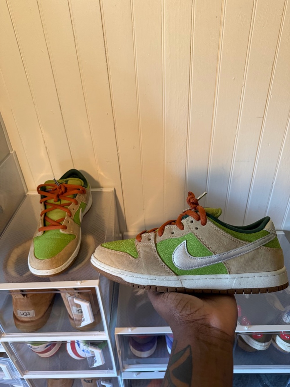 Nike Kids Green and Tan Low-Top Sneakers with White Swoosh